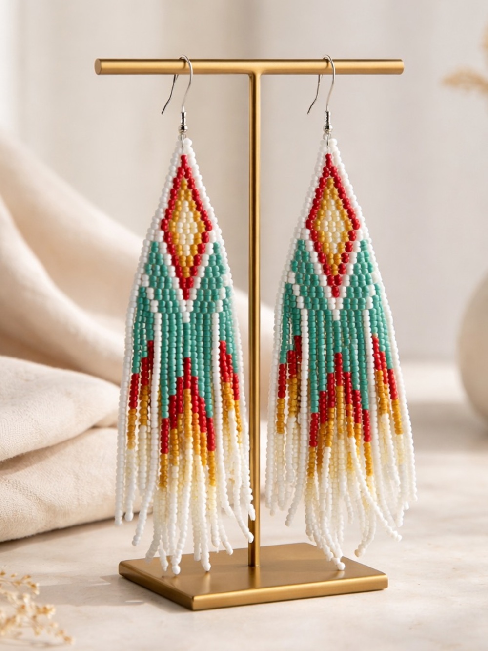Boho Western Beaded Fringe Earrings Turquoise Red White Statement